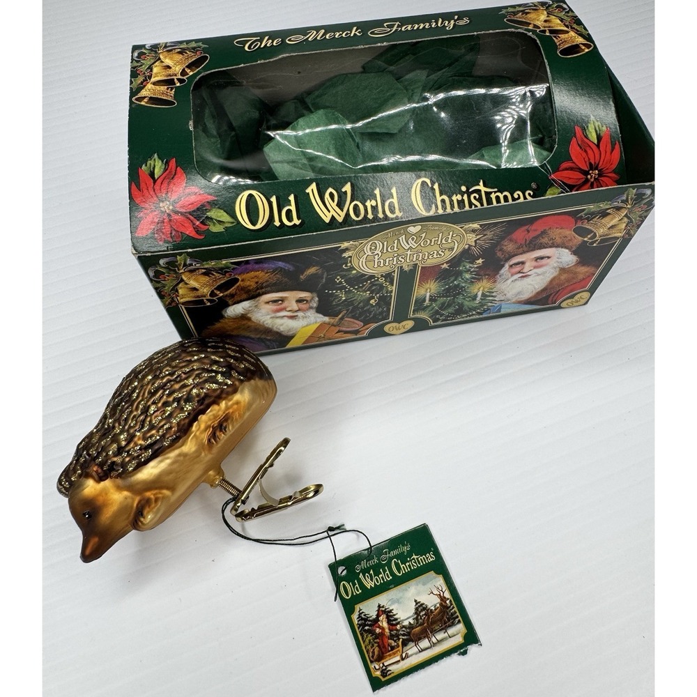 Old World Christmas Hedgehog Clip-On Glass Ornament Merck Family Box Tag 2007